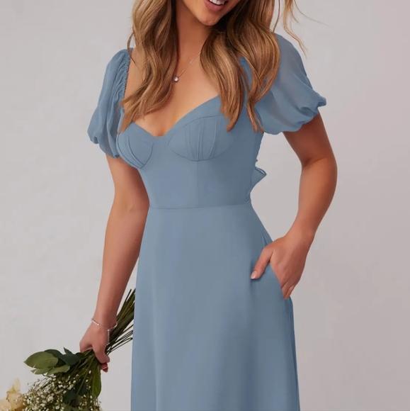 NWT - Azazie Dusty Blue Bridesmaid Dress Size 8 - Picture 2 of 6